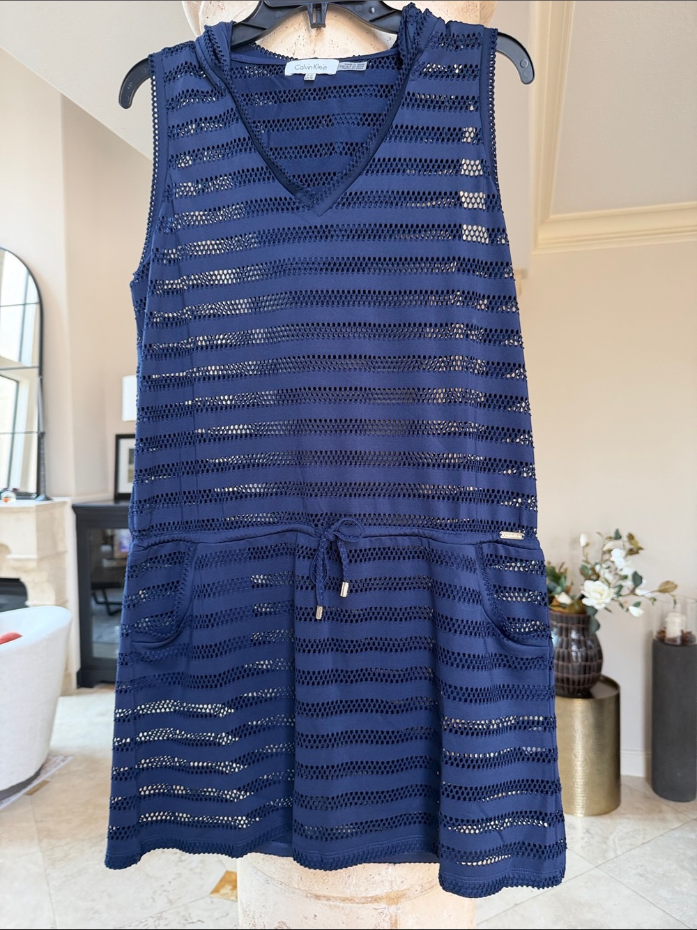 Calvin Klein Navy Crochet Hooded Coverup One Piece  S/M Drawstring Waist